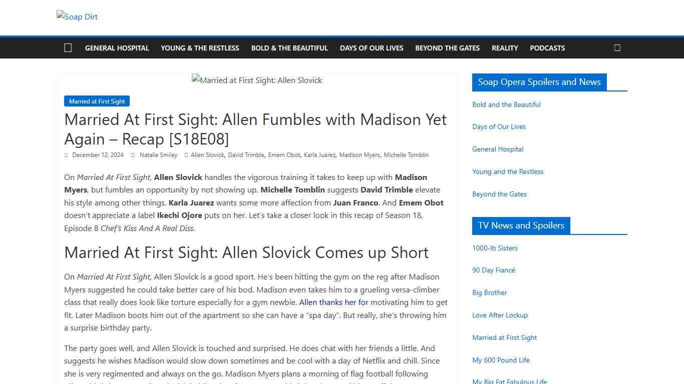 Married At First Sight: Allen Fumbles with Madison Yet Again - Recap [S18E08] Soap Dirt